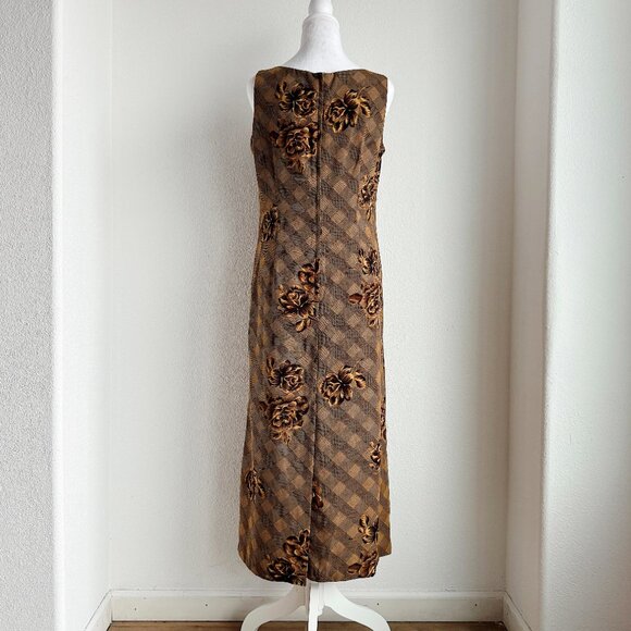 VINTAGE BROWN FLORAL CHECKERED SHIFT DRESS - Picture 4 of 5